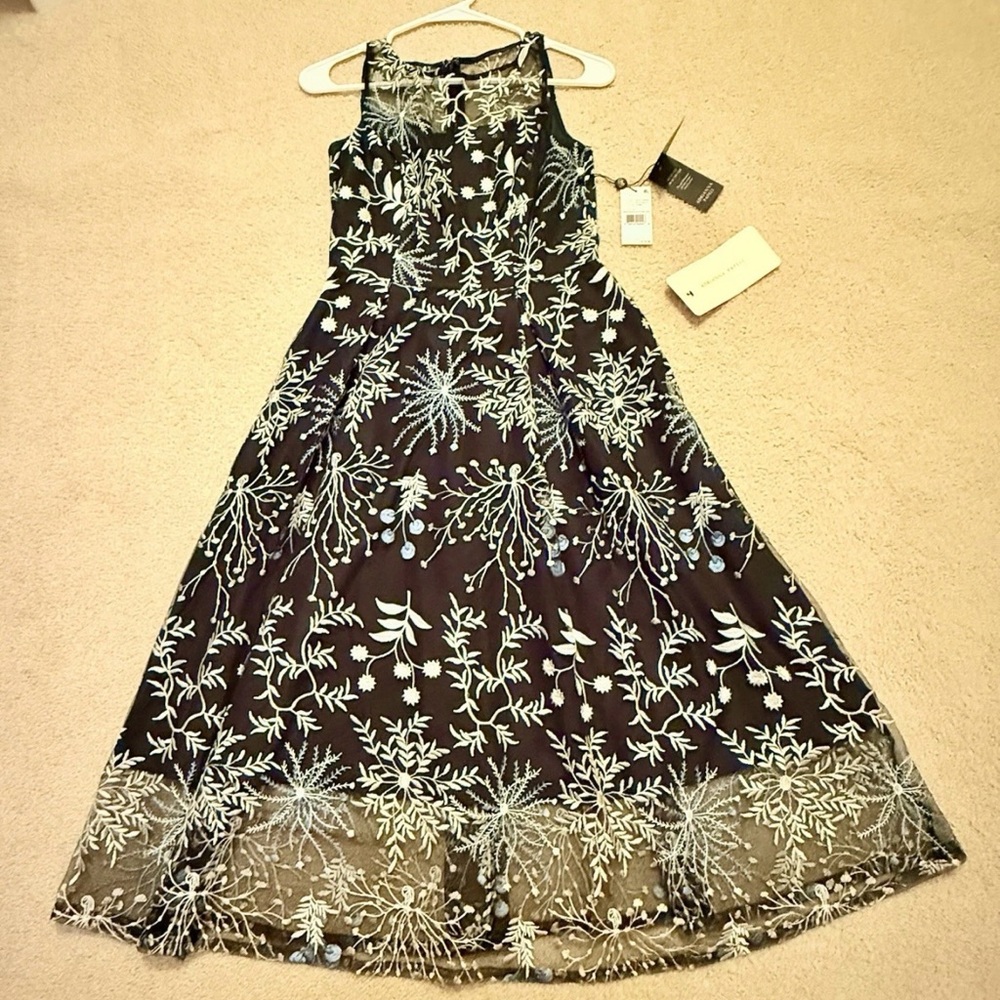 Adrianna Papell Women Black Blue Embroidered Lace Fit Flare Midi Dress Size 0 - Picture 4 of 16